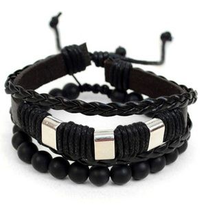 Genuine Leather Stone Bracelet Set For Men